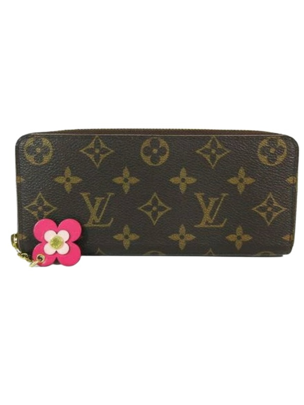 Louis Vuitton Brown Monogram Zip Wallet with Pink Flower Charm. Authentic.